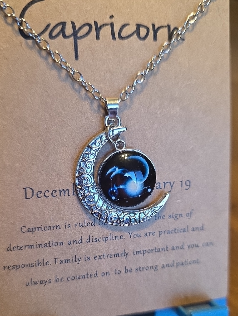 Capricorn Crescent Moon Necklace with Black Zodiac Cabochon - Picture 9 of 11